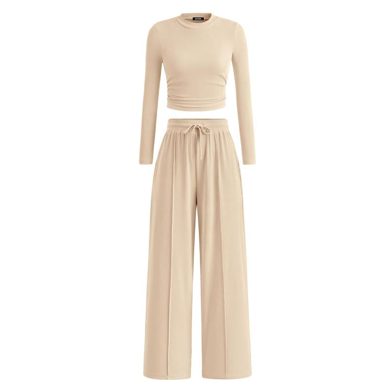 MIRELA™ - Ribbed Knit Long Sleeve Crop Top and Matching Pants Set