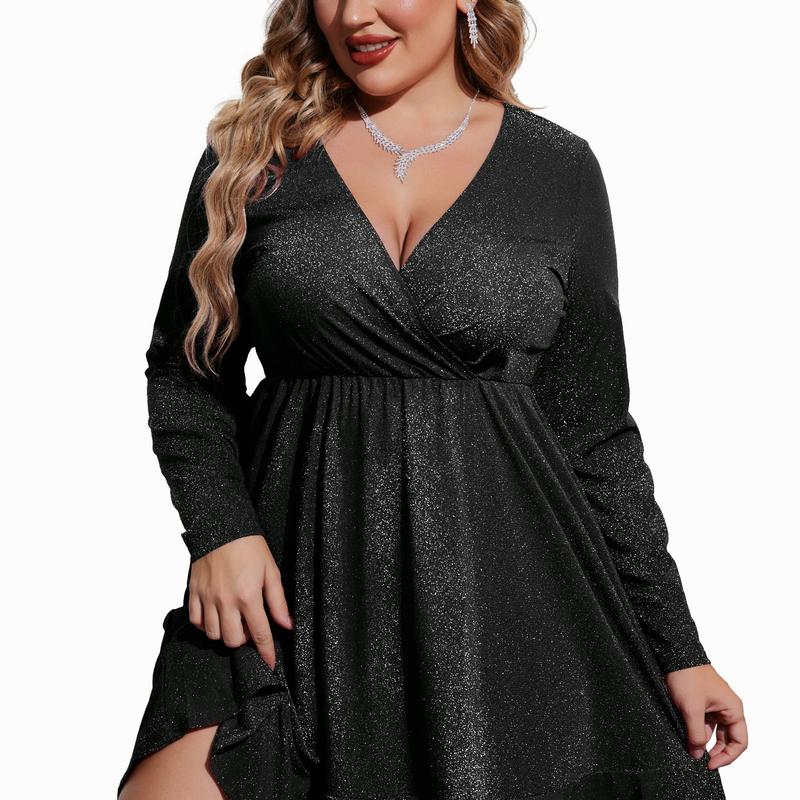 MATHILDE™ - Plus Size Glitter V-Neck Ruffle Hem Swing Cocktail Dress