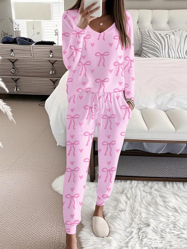 HALLIE™ - Bow Print V-Neck Long Sleeve Top & Tie Waist Pants Set
