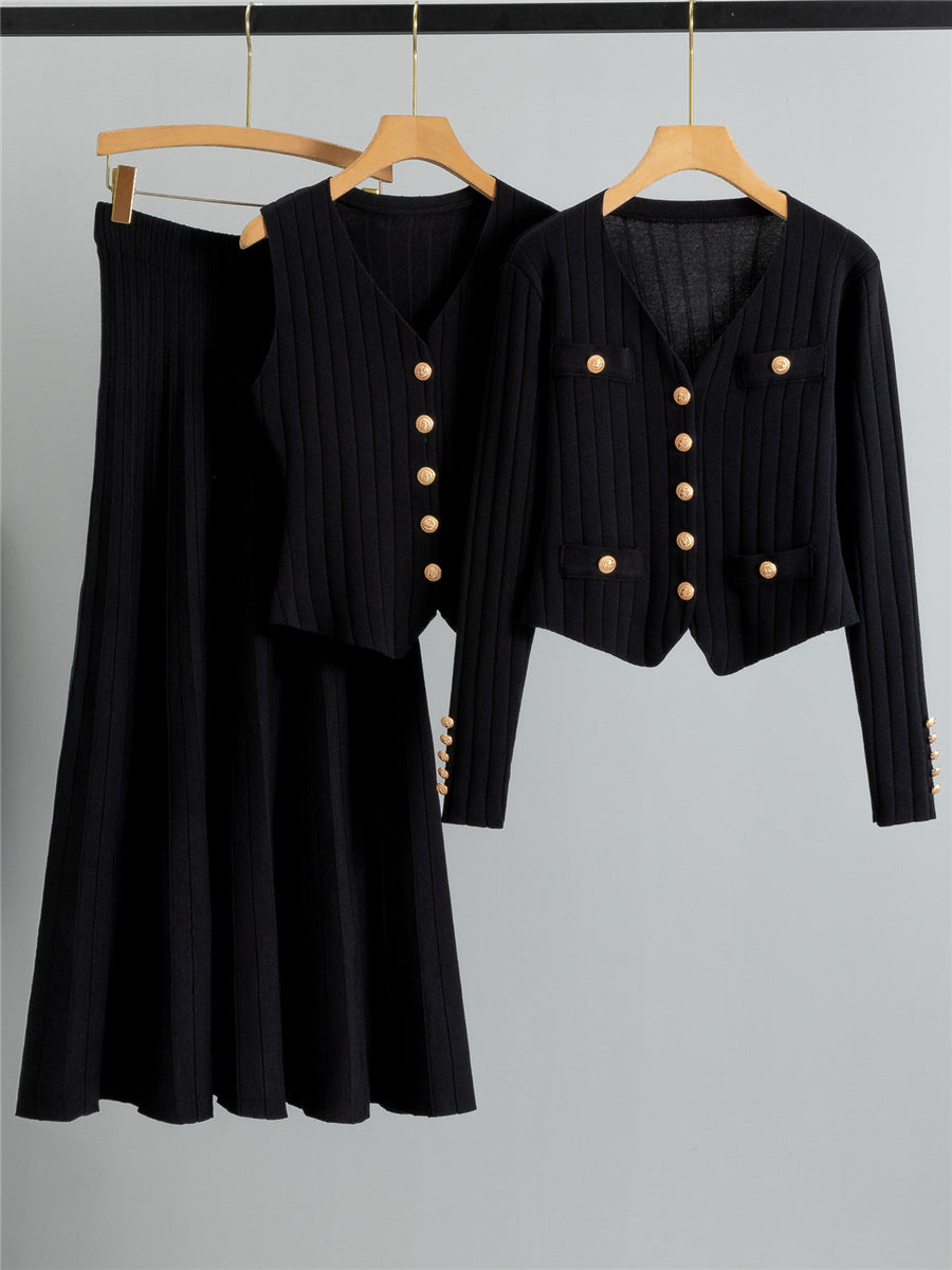 XANDY™ - Elegant V-Neck Buttoned Vest and High Waist Skirt