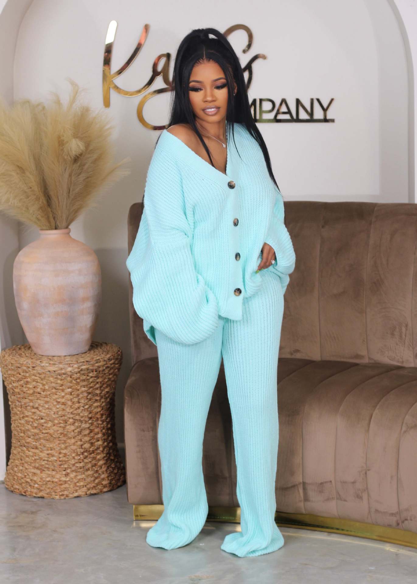 AMIKA™ - Casual V-Neck Cardigan and Wide Leg Pants Set