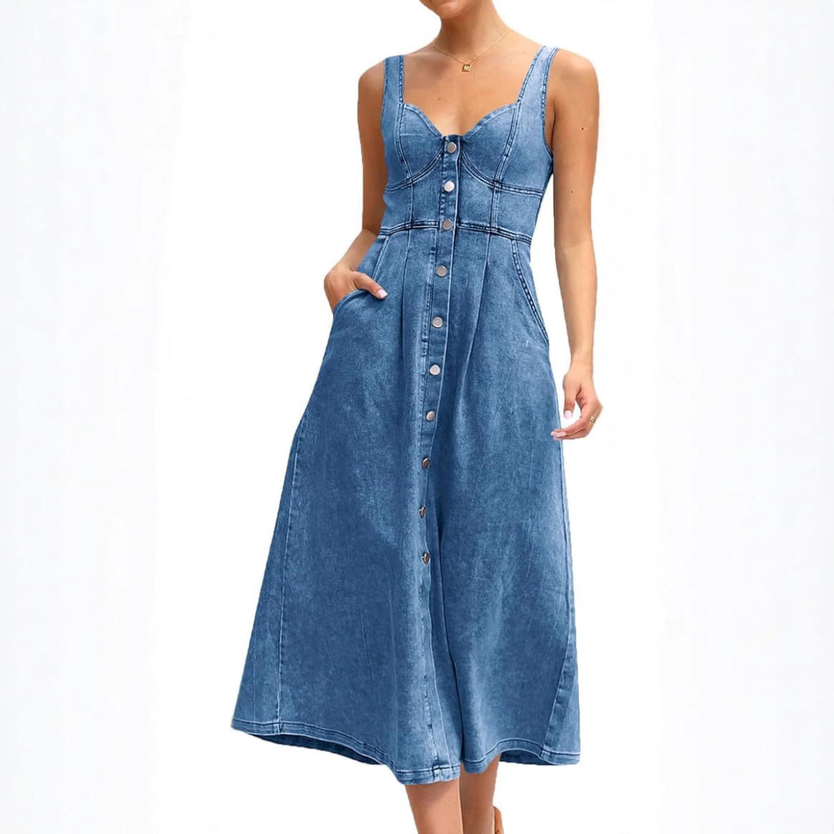 JAYLIN™ – Classic Sleeveless Button-Front Denim Dress