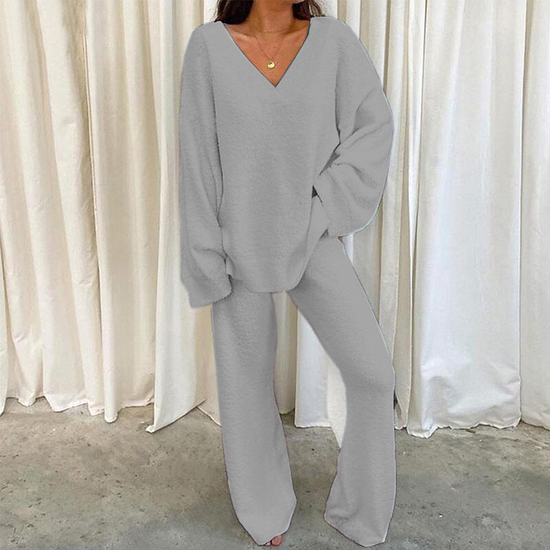 REBECCA™ - Women’s 2-Piece Lounge Set Soft Chunky V-Neck Top & Wide Leg Pants for Homewear