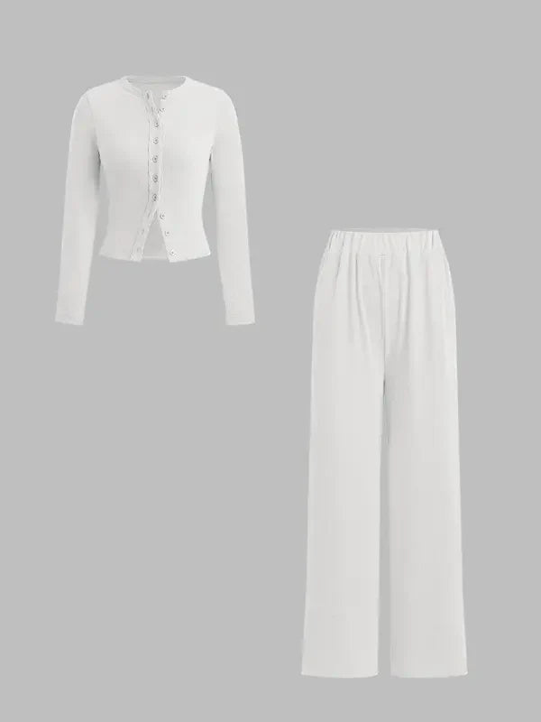 FLORLIE™ - Women’s Ribbed Crop Top & Elastic Waist Pants Casual Set