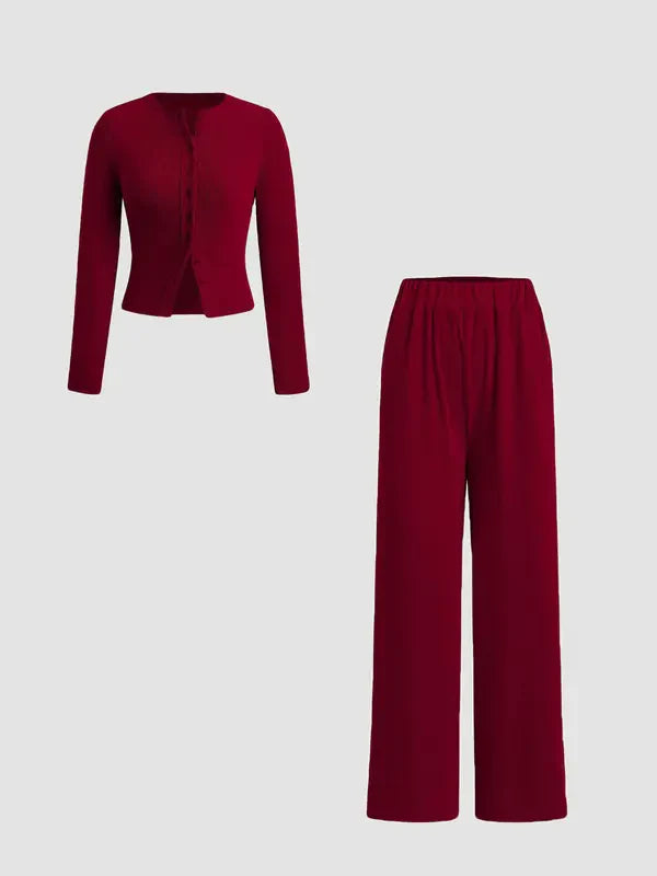 FLORLIE™ - Women’s Ribbed Crop Top & Elastic Waist Pants Casual Set