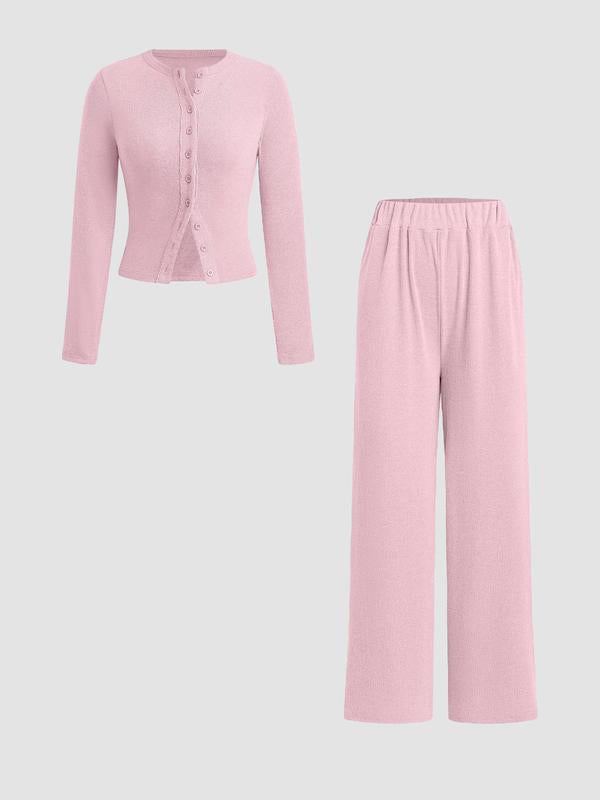 FLORLIE™ - Women’s Ribbed Crop Top & Elastic Waist Pants Casual Set