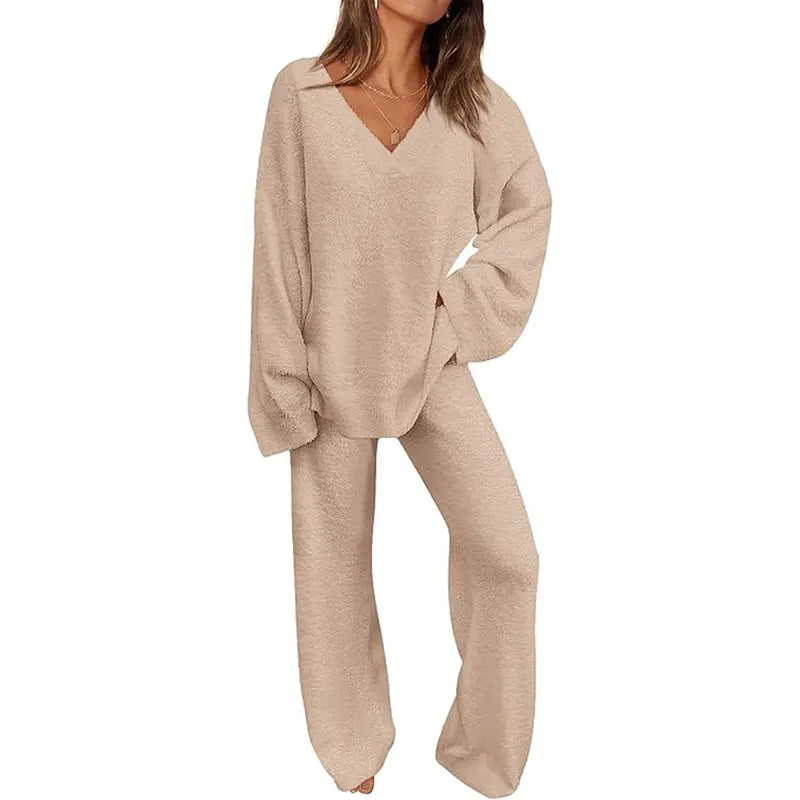 REBECCA™ - Women’s 2-Piece Lounge Set Soft Chunky V-Neck Top & Wide Leg Pants for Homewear
