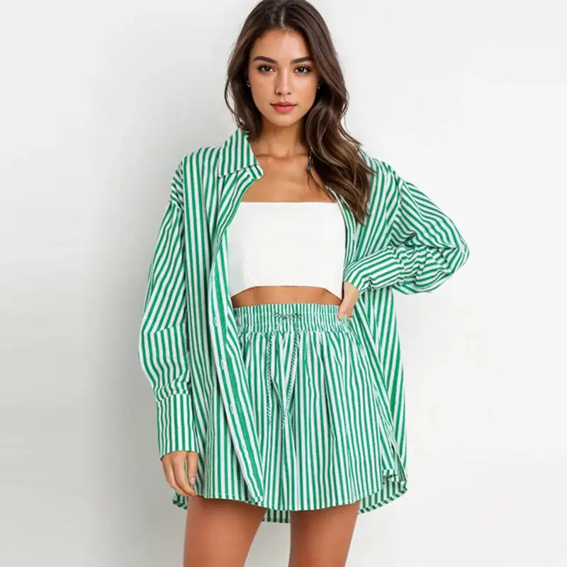 TIFY™ – Chic Striped Collared Shirt and Wide-Leg Shorts Set