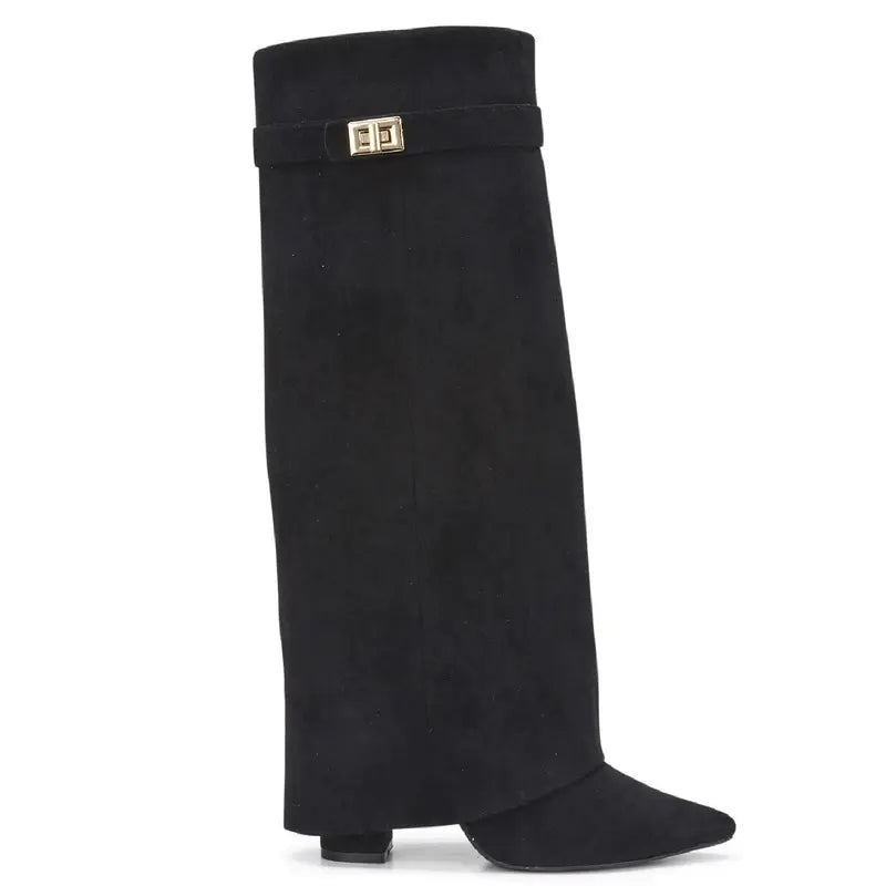 SARAH™ - 4-Inch Heel Suede Long Heeled Fold-Over Buckle Boots for Women Stylish Walking Shoes