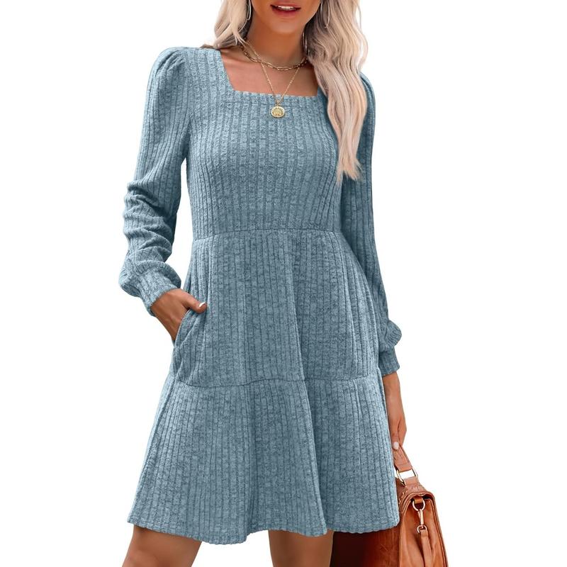 ELIZA™ - Cozy Square Neck Long Sleeve Babydoll Sweater Dress