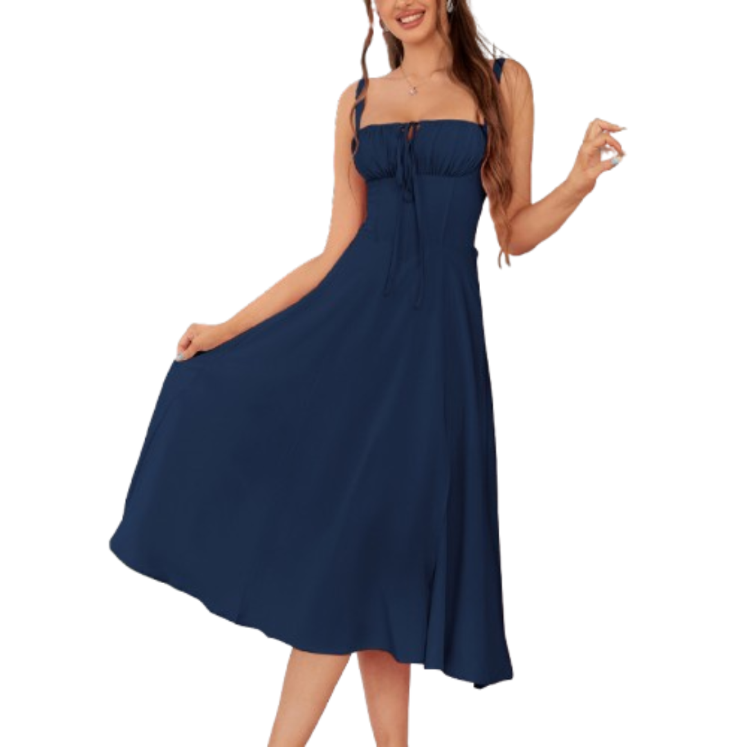 ARIELLOU™ – Elegant Lace-Up Square Neck Midi Dress