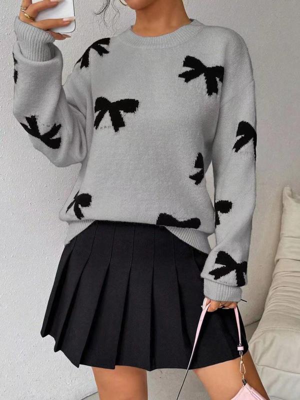 FRANCES™ - Fashionable Bow Print O-Neck Knit Winter Sweater Pullover