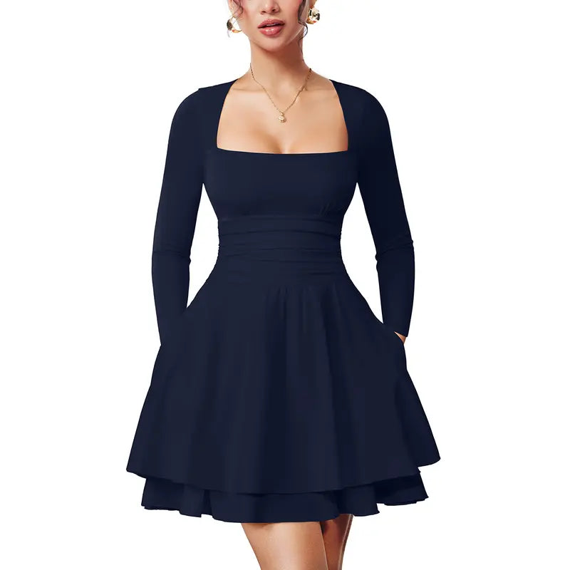 WINONA™ - Women's Square Neck Ruffle Hem Mini Dress Ruched Waist & Long Sleeve