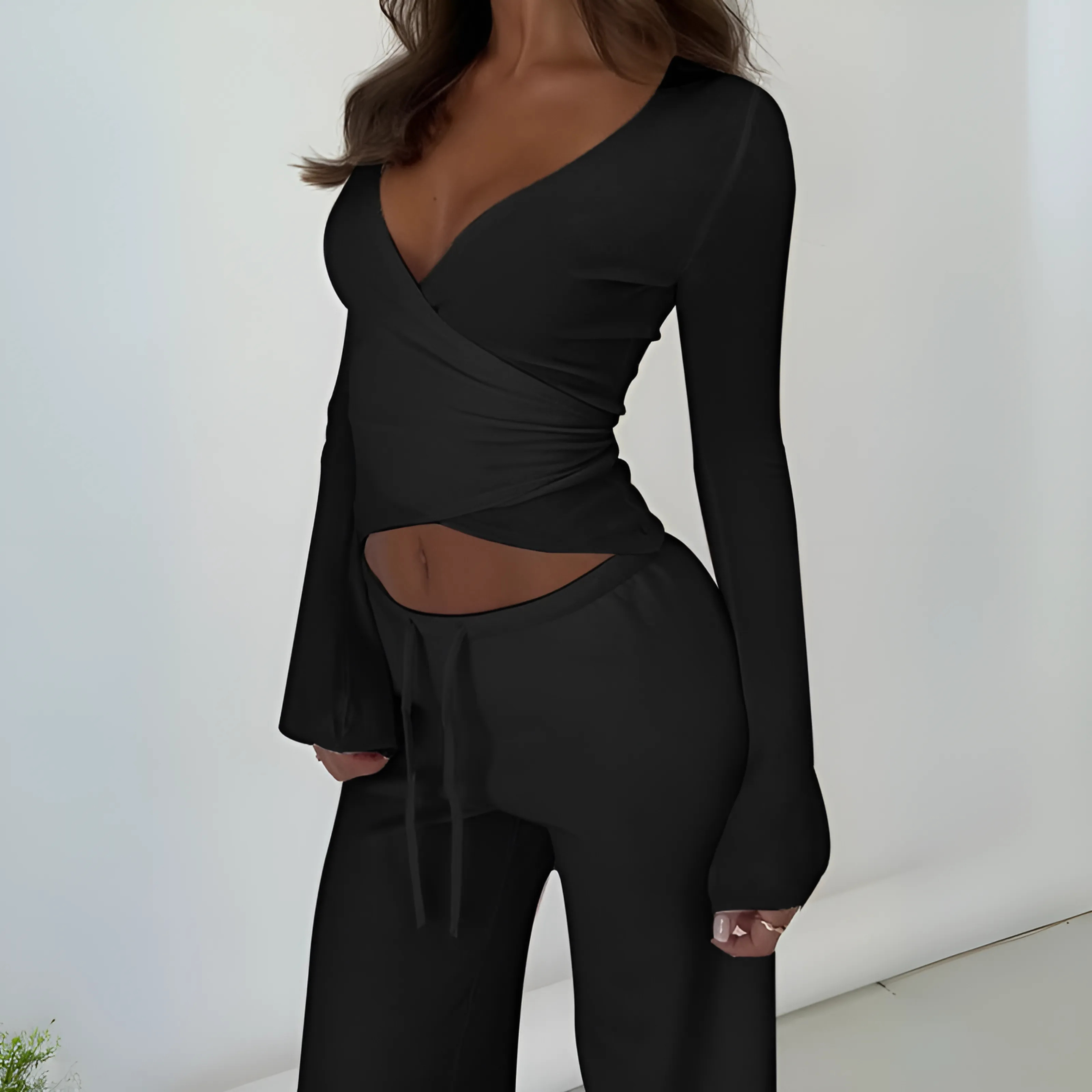 LETISA™ - Chic V-Neck Long Sleeve Top and Pants Set