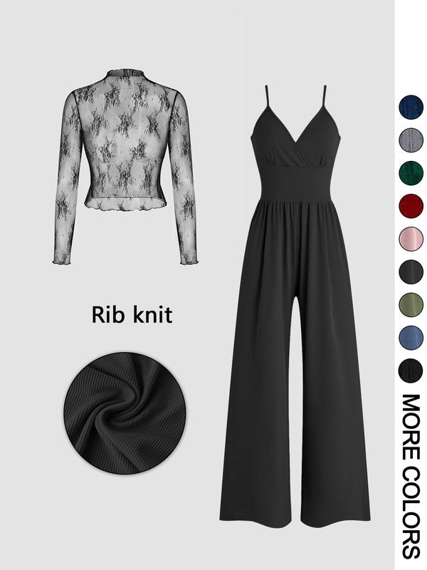MARYAM™ - Solid Color Lace Tee & Pocket Jumpsuit Set for Spring & Fall