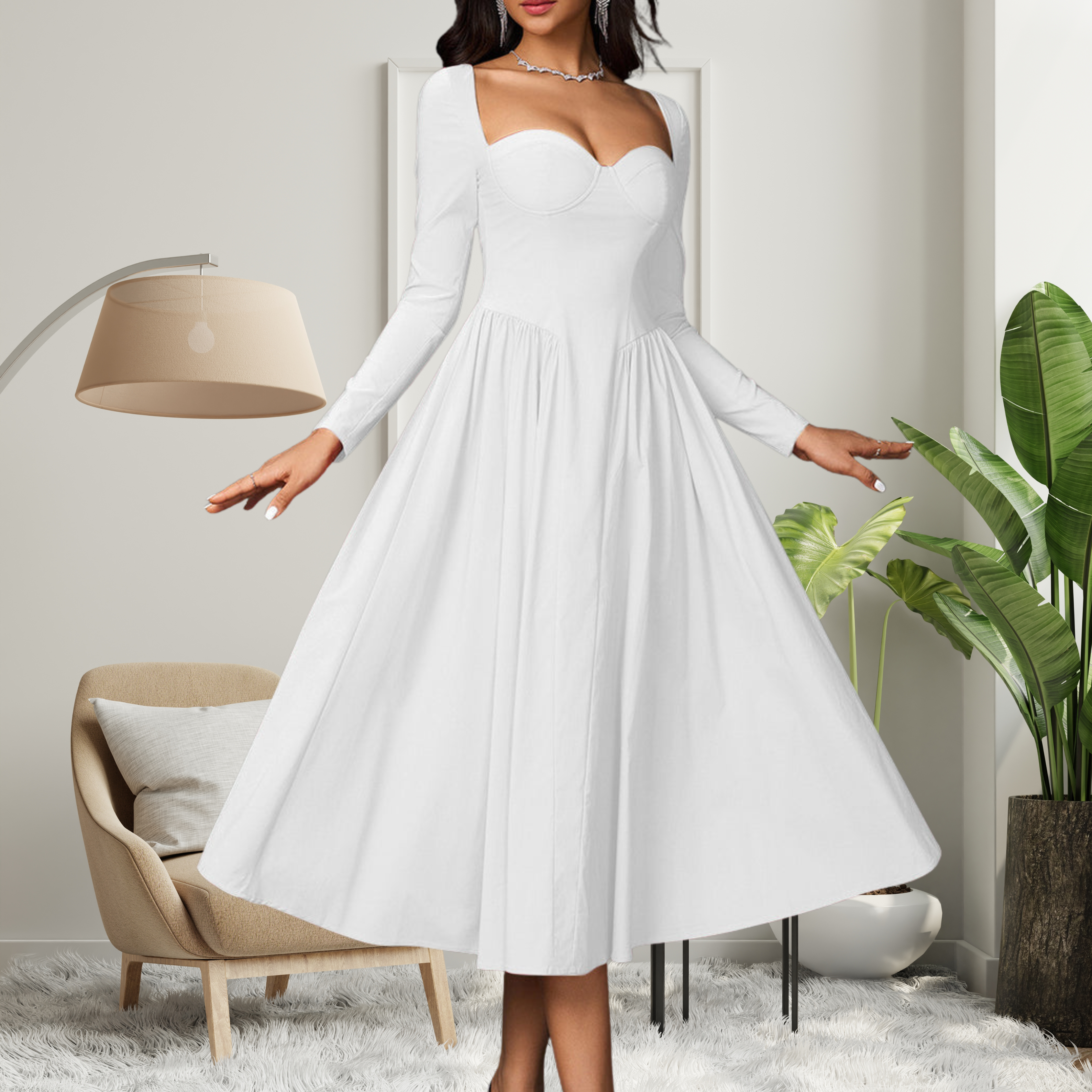 AKILA™ - Elegant Heart Neckline Long Sleeve A-Line Maxi Dress