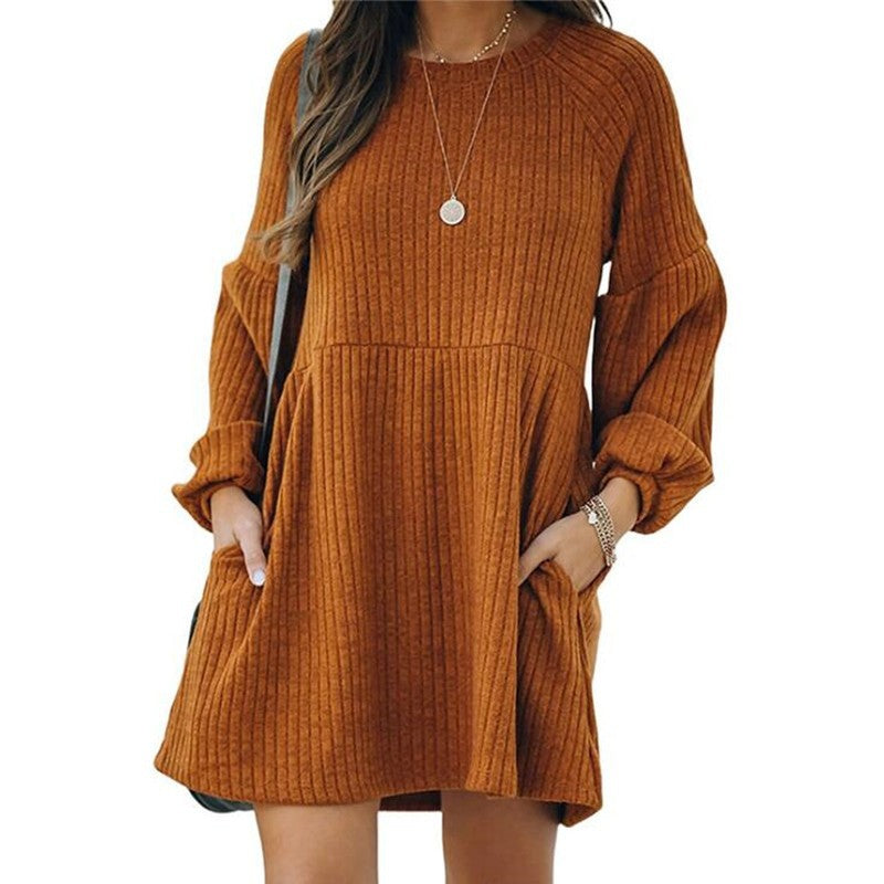 SAKA™ - Cozy Ribbed Bishop Sleeve Round Neck Mini Dress