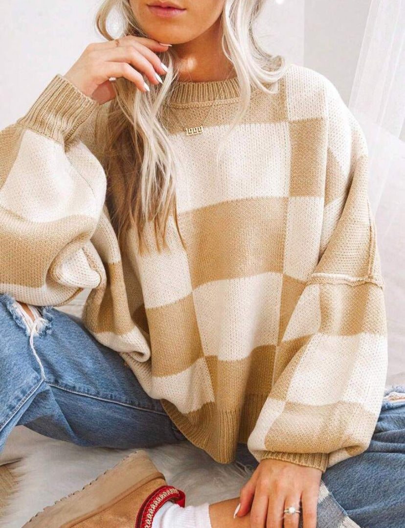 REVERIE™ - Casual Plaid Long Sleeve Round Neck Sweater