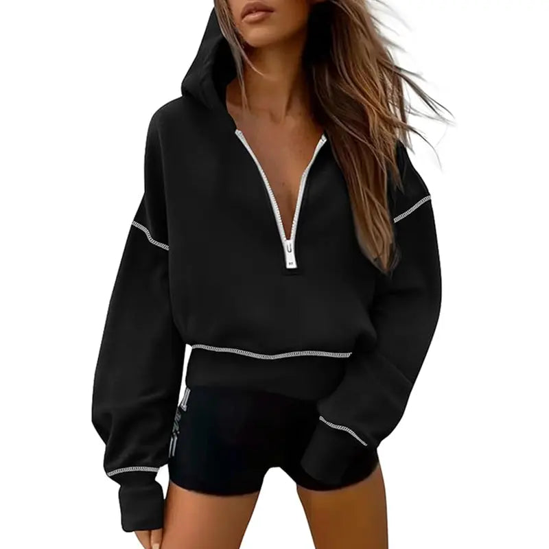 GRETEL™ - Stylish Hooded Sweatshirt with Zipper & Stitching Detail for Cropped Pullover