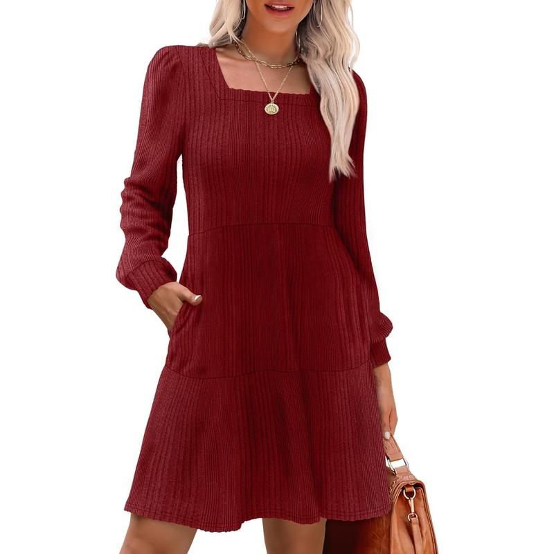 ELIZA™ - Cozy Square Neck Long Sleeve Babydoll Sweater Dress